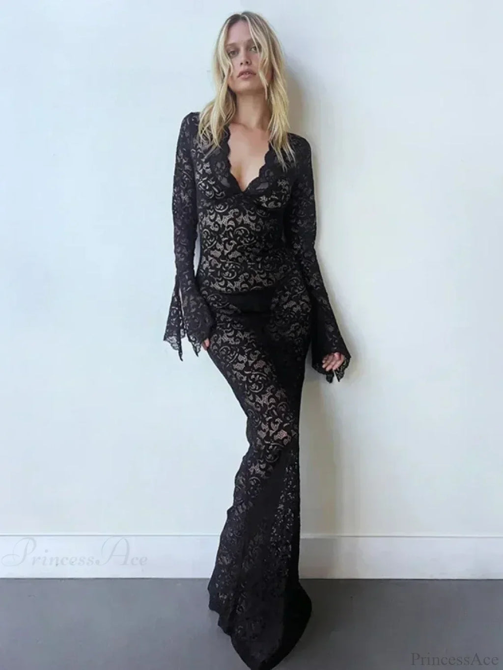 Lace Deep V Neck Flared Sleeve Vacation Dress image 4