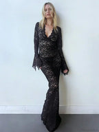 Lace Deep V Neck Flared Sleeve Vacation Dress image 4