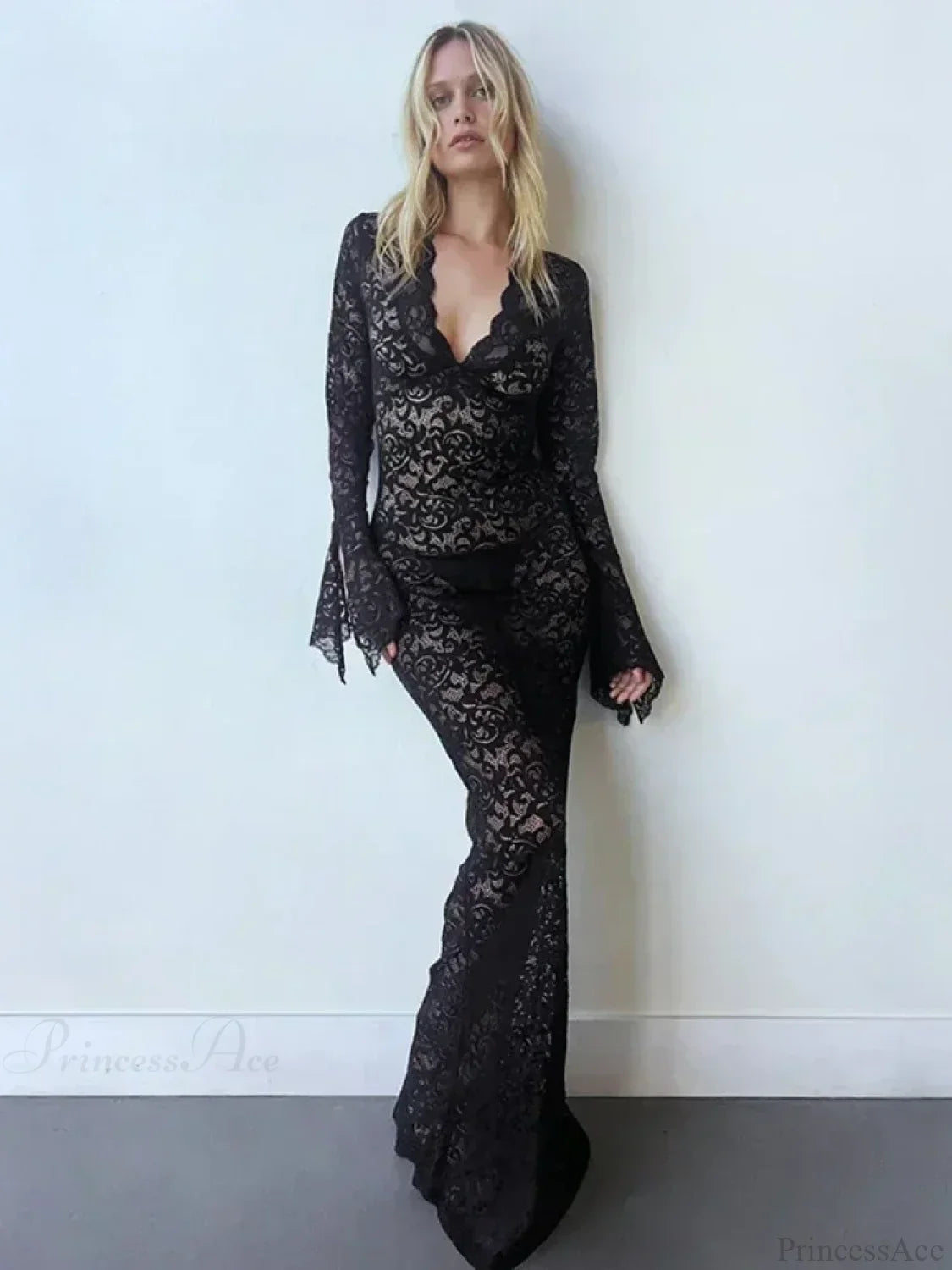 Lace Deep V Neck Flared Sleeve Vacation Dress image 4