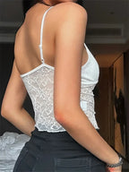 Lace Deep V-neck Solid See-through Crop Top image 2