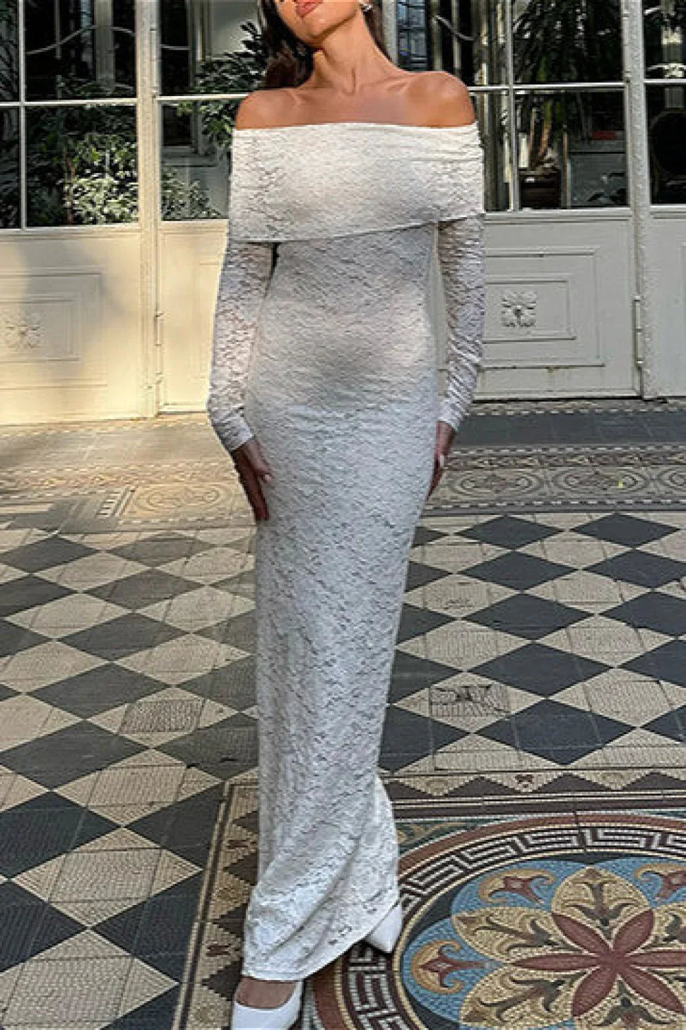 Lace Embroidered Off Shoulder Fitted Maxi Dress image 1