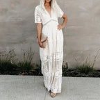 Lace Embroidery Patchwork Long Sleeve White Boho Dress image 3