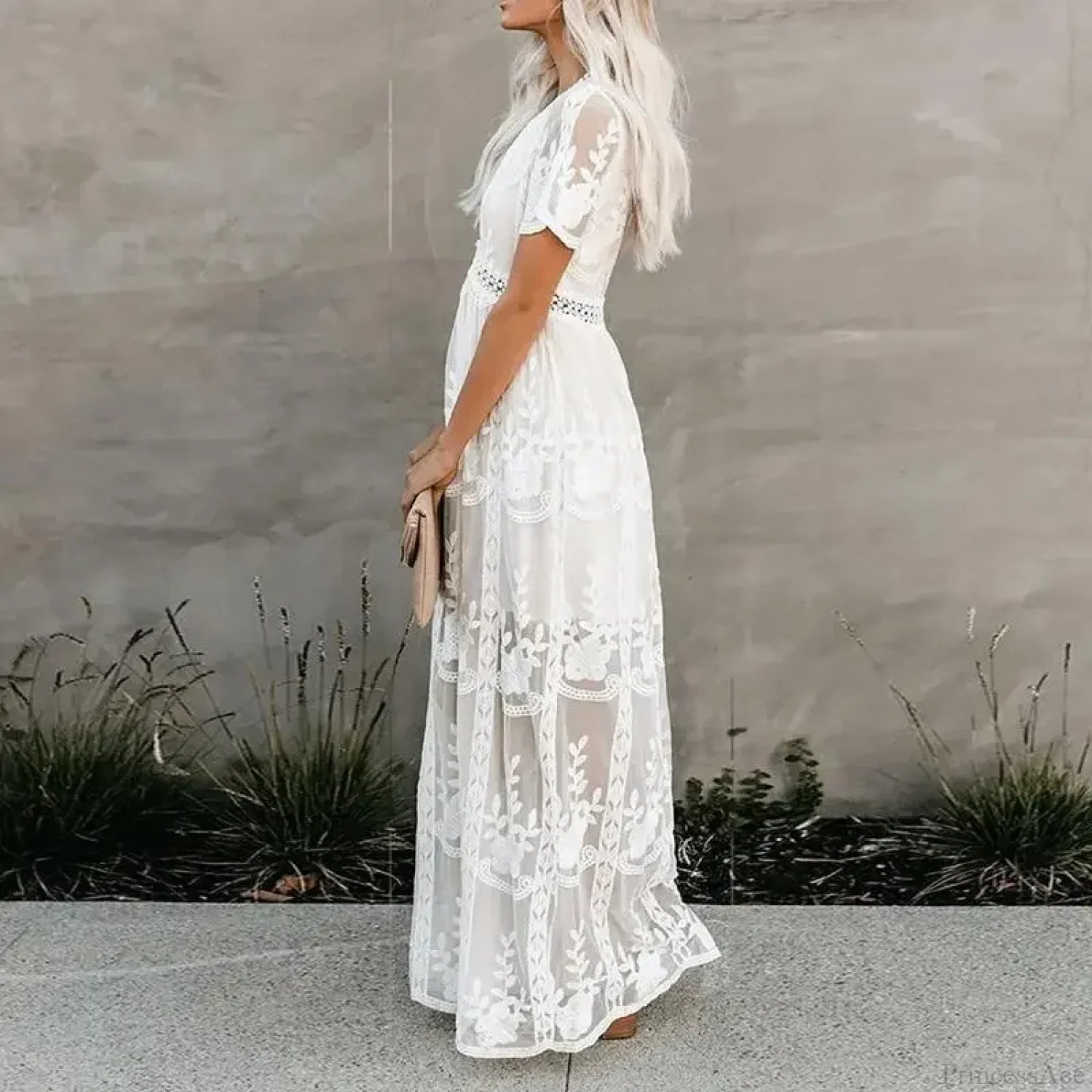 Lace Embroidery Patchwork Long Sleeve White Boho Dress image 4