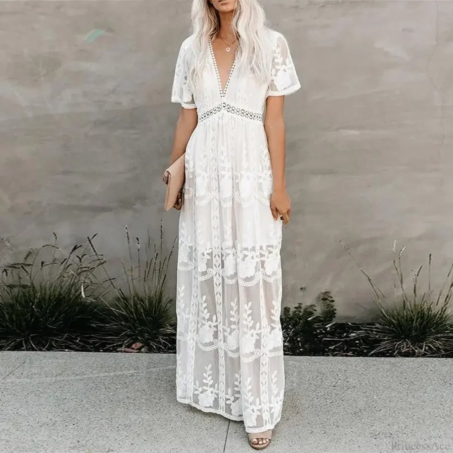 Lace Embroidery Patchwork Long Sleeve White Boho Dress image 1