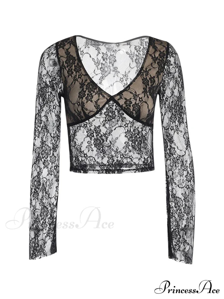 Lace Fairy Grunge V-neck See-Through Slim Fit Stylish Elegant Trendy Classic Crop Top image 5