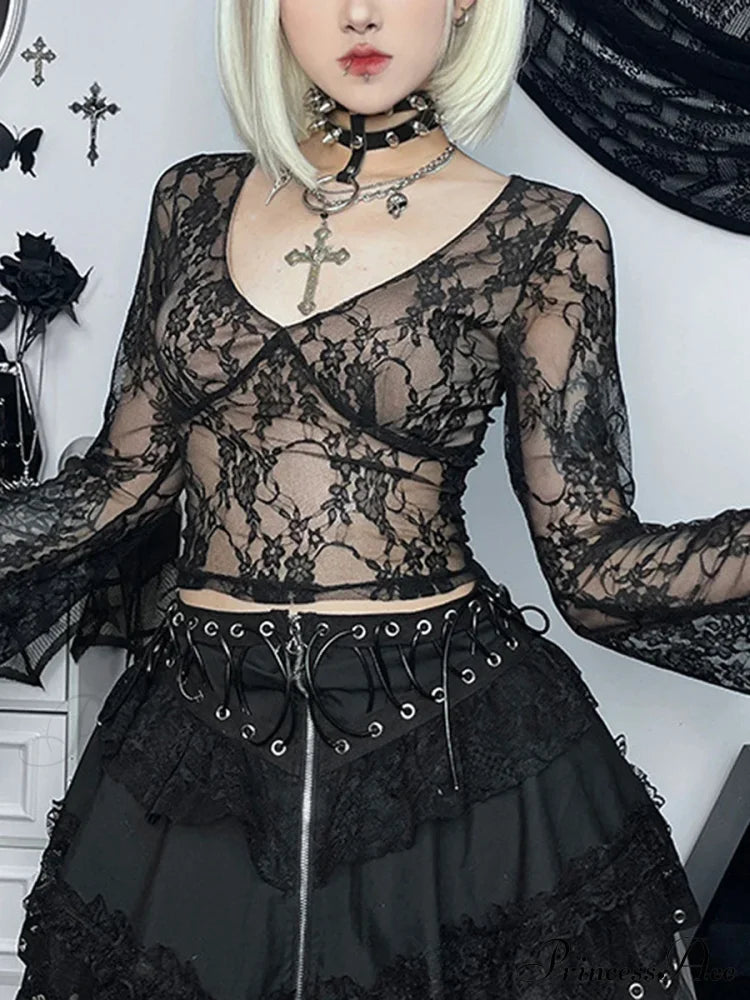 Lace Fairy Grunge V-neck See-Through Slim Fit Stylish Elegant Trendy Classic Crop Top image 1