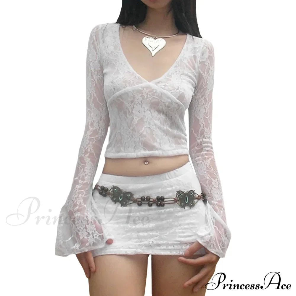 Lace Fairy Grunge V-neck See-Through Slim Fit Stylish Elegant Trendy Classic Crop Top image 7