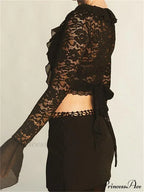 Lace Flora Flare Sleeve V Neck Ruffles Mesh Sheer T-shirts image 2