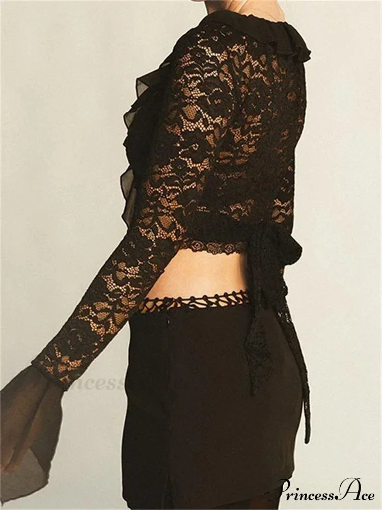 Lace Flora Flare Sleeve V Neck Ruffles Mesh Sheer T-shirts image 2