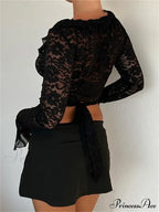 Lace Flora Flare Sleeve V Neck Ruffles Mesh Sheer T-shirts image 4