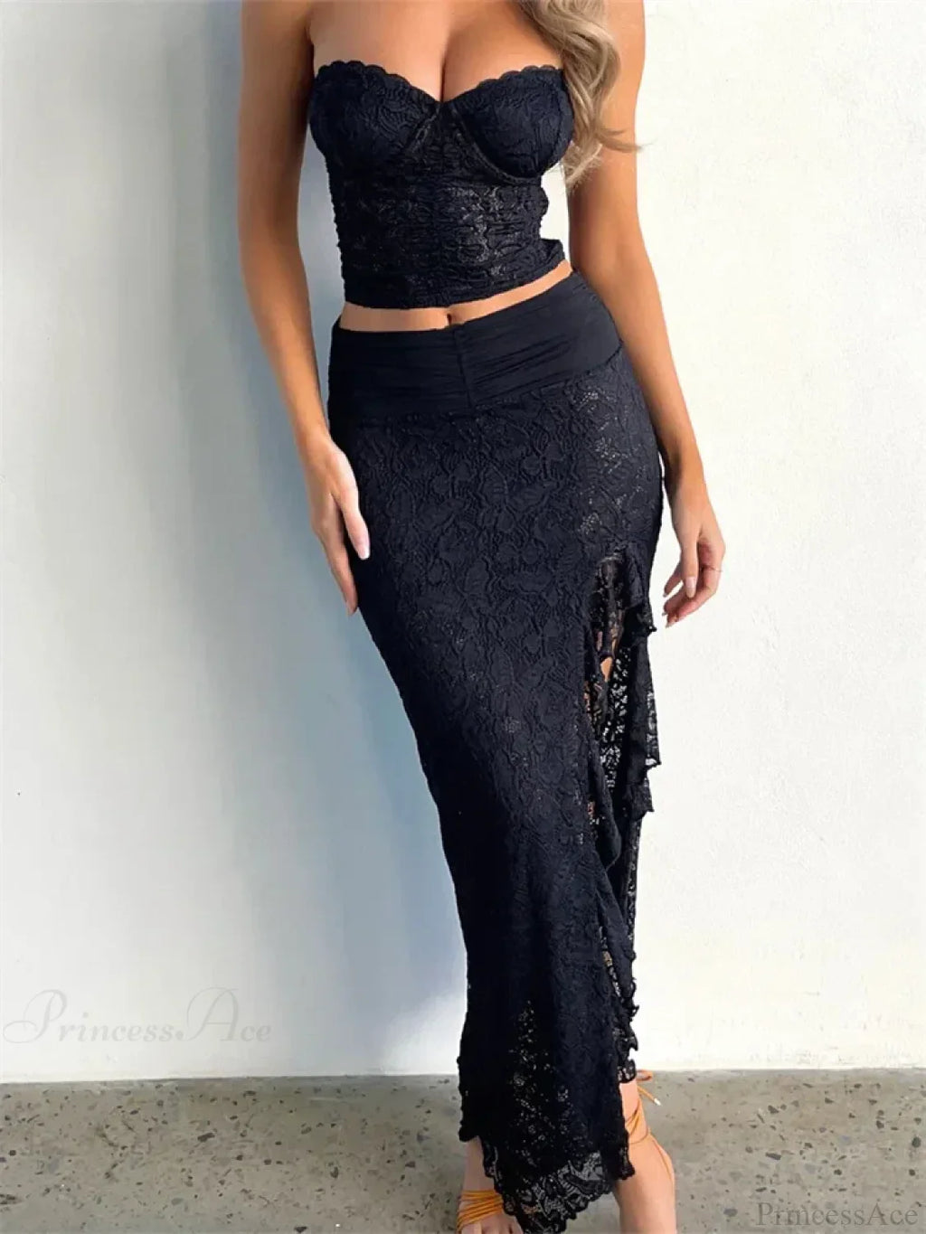 Lace Floral Bustiers Crop Top High Split Long Skirt Set image 6
