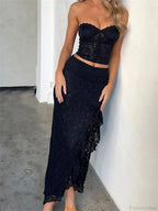 Lace Floral Bustiers Crop Top High Split Long Skirt Set image 7