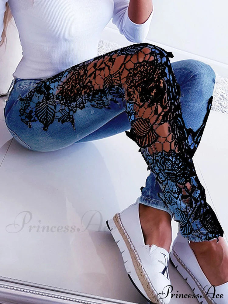 Lace Floral Crochet Hollow-Out Jeans image 1