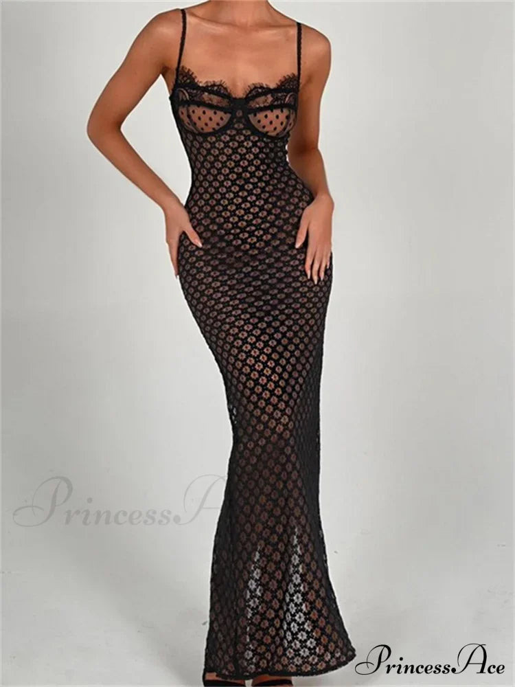 Lace Floral for Women Sexy Sleeveless Strap See Through Evening Cocktail Back Split Black Vestidos image 4