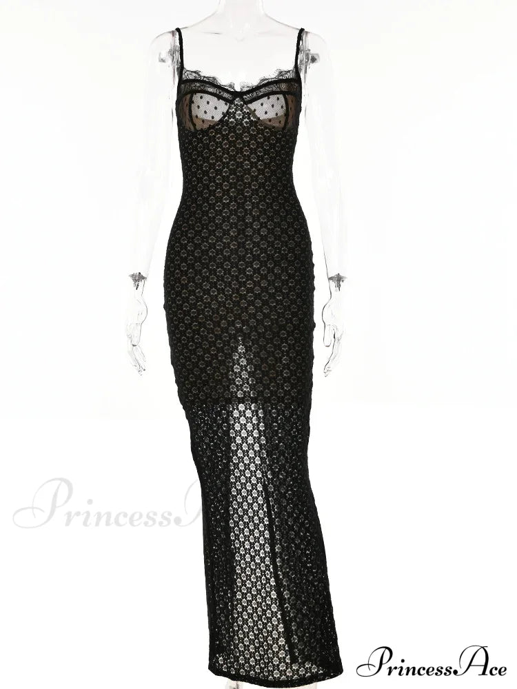Lace Floral for Women Sexy Sleeveless Strap See Through Evening Cocktail Back Split Black Vestidos image 6