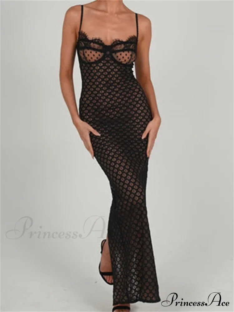 Lace Floral for Women Sexy Sleeveless Strap See Through Evening Cocktail Back Split Black Vestidos image 2