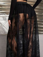 Lace Floral Long Maxi Skirt Solid Mesh Built-in Shorts Skirt image 5