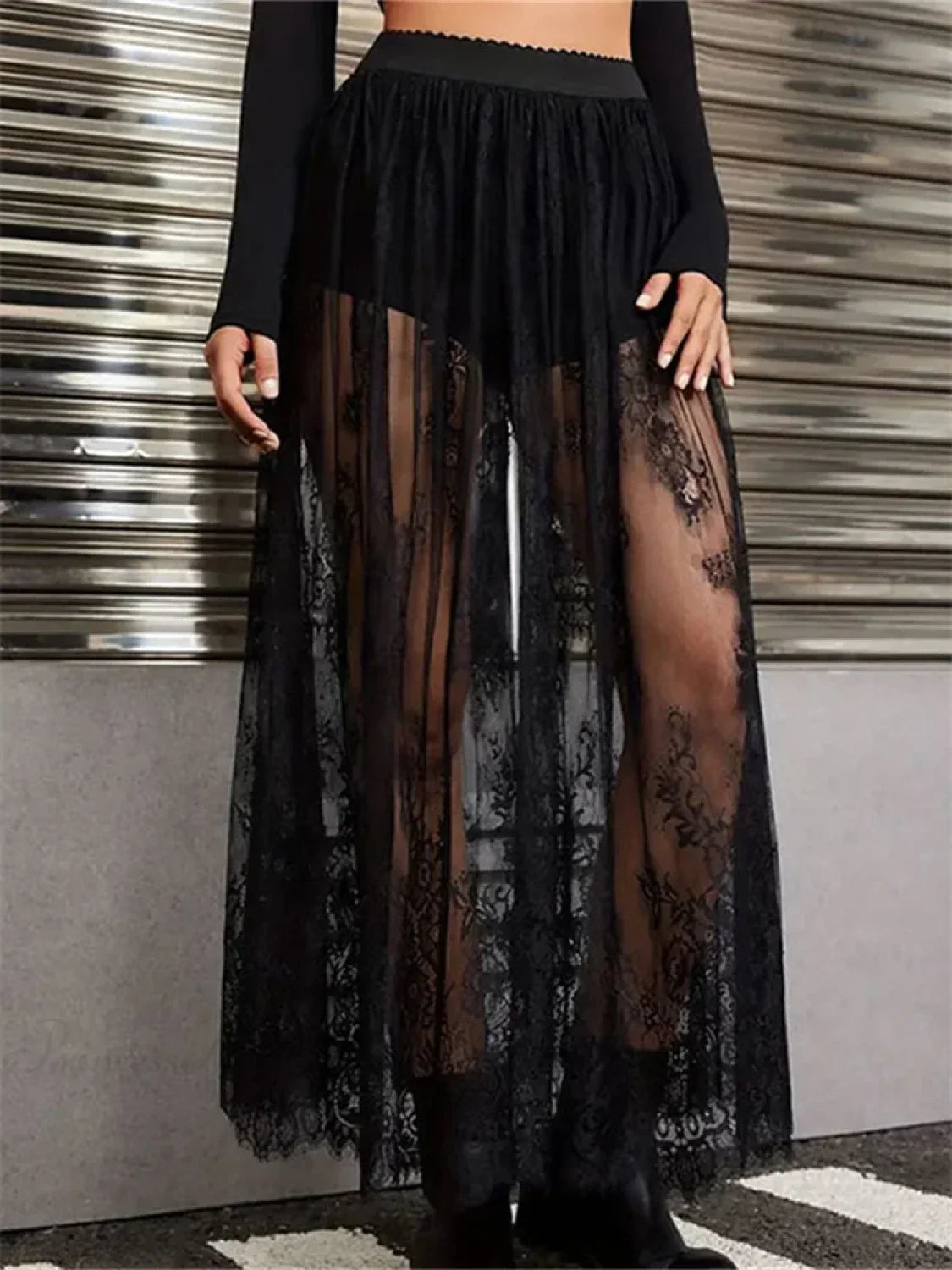 Lace Floral Long Maxi Skirt Solid Mesh Built-in Shorts Skirt image 3