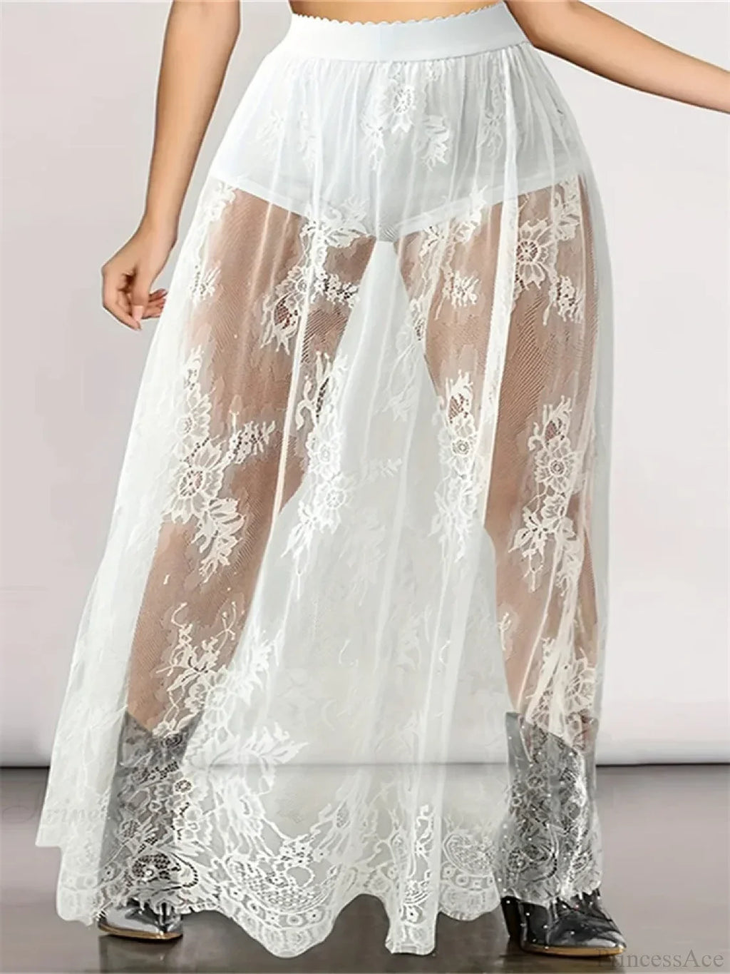 Lace Floral Long Maxi Skirt Solid Mesh Built-in Shorts Skirt image 1