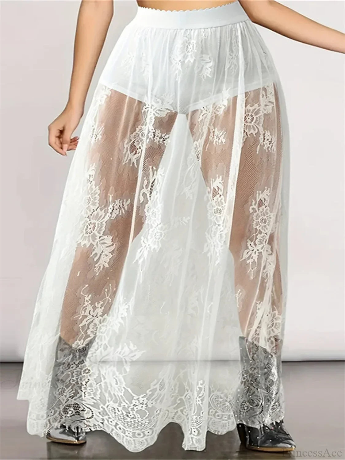 Lace Floral Long Maxi Skirt Solid Mesh Built-in Shorts Skirt image 1
