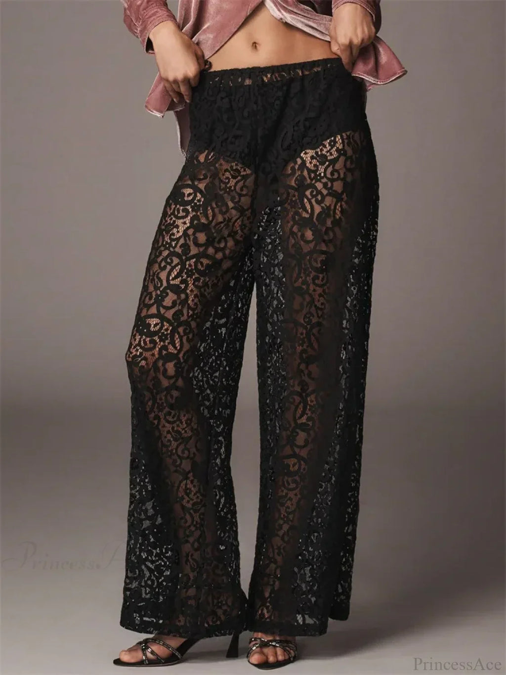 Lace Floral Mesh See-Through Black Wide Leg Pant image 2