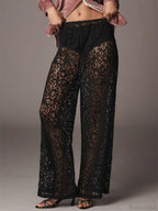 Lace Floral Mesh See-Through Black Wide Leg Pant image 2