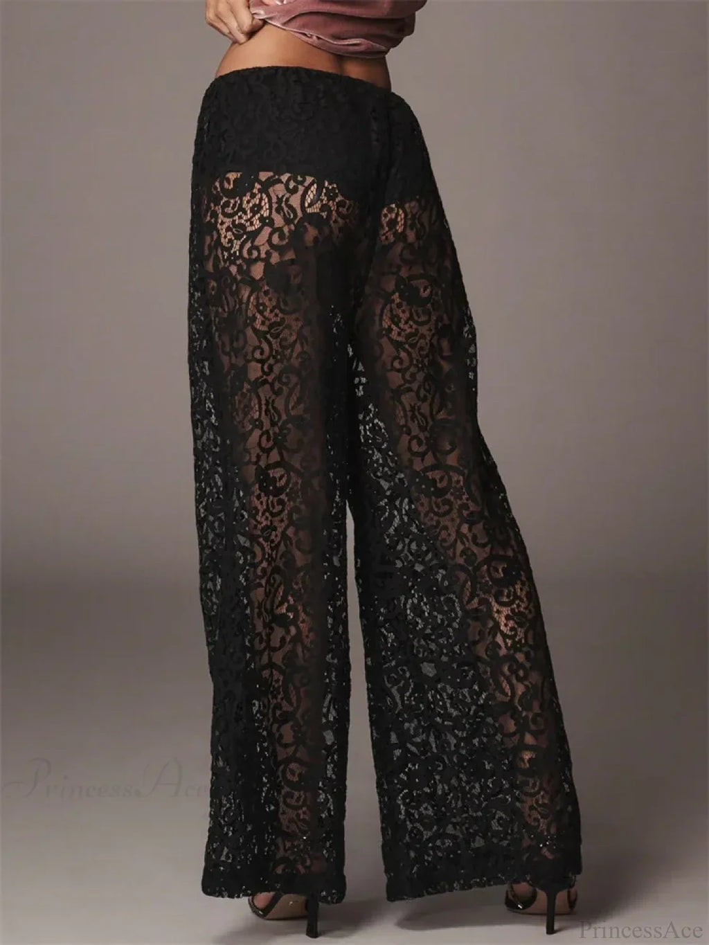 Lace Floral Mesh See-Through Black Wide Leg Pant image 3