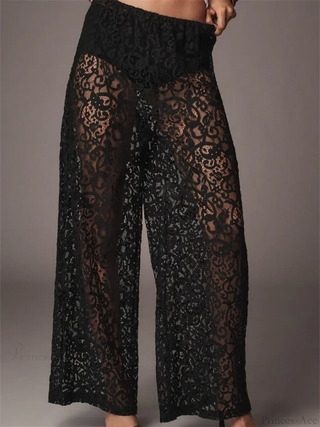 Lace Floral Mesh See-Through Black Wide Leg Pant image 1