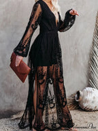 Lace Floral Mesh See Through Summer Deep V-neck Lantern Sleeve Beach Female Vestidos image 6