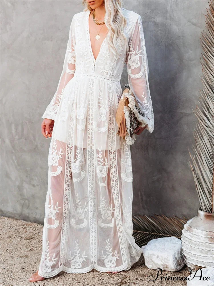 Lace Floral Mesh See Through Summer Deep V-neck Lantern Sleeve Beach Female Vestidos image 1