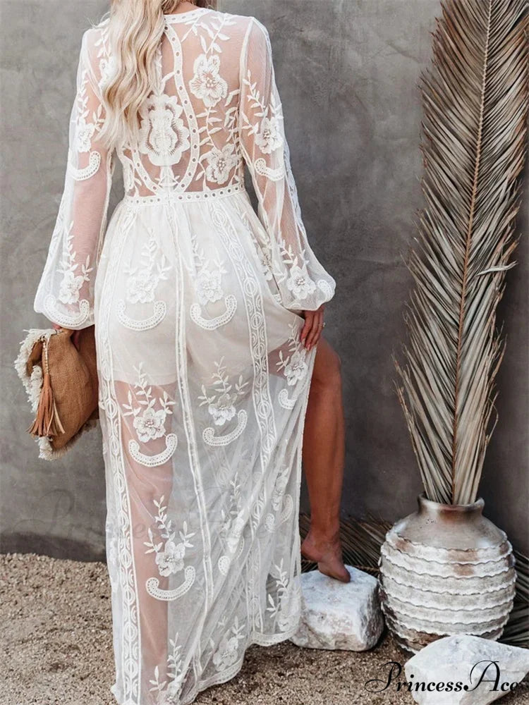 Lace Floral Mesh See Through Summer Deep V-neck Lantern Sleeve Beach Female Vestidos image 3
