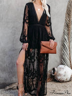 Lace Floral Mesh See Through Summer Deep V-neck Lantern Sleeve Beach Female Vestidos image 4