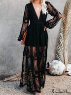 Lace Floral Mesh See Through Summer Deep V-neck Lantern Sleeve Beach Female Vestidos image 5