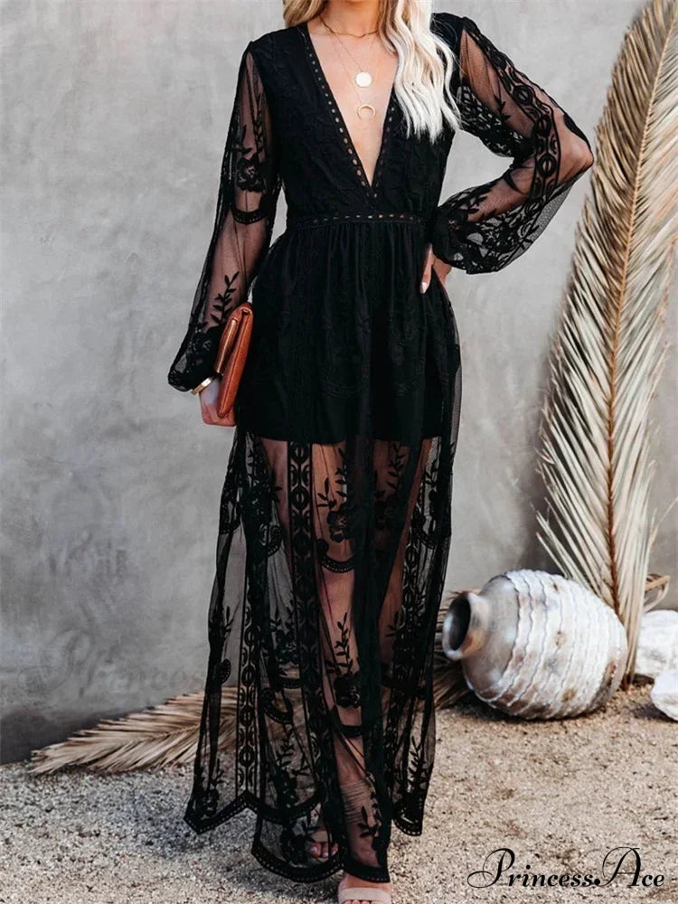 Lace Floral Mesh See Through Summer Deep V-neck Lantern Sleeve Beach Female Vestidos image 5