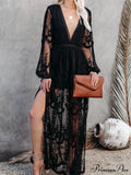 Lace Floral Mesh See Through Summer Deep V-neck Lantern Sleeve Beach Female Vestidos image 7