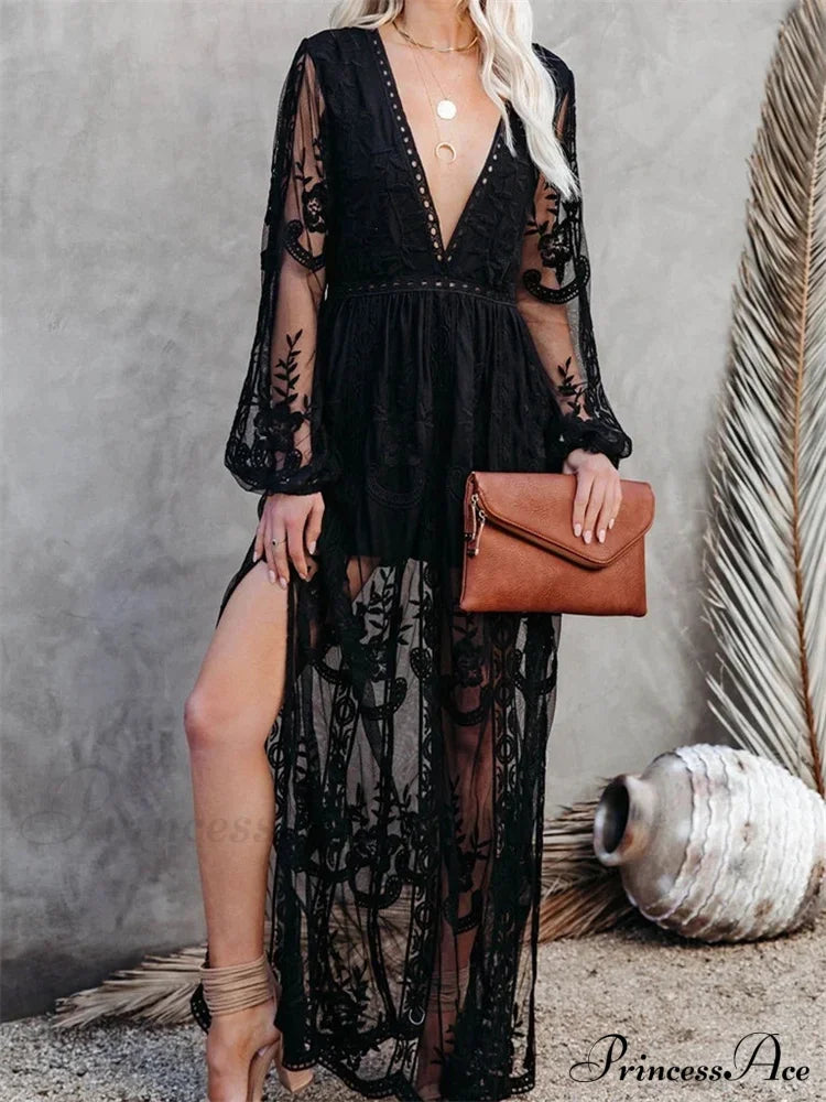 Lace Floral Mesh See Through Summer Deep V-neck Lantern Sleeve Beach Female Vestidos image 7
