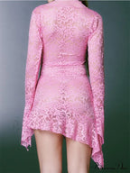 Lace Floral See Through Irregular Hem Long Flare Mini Dress image 4