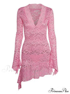 Lace Floral See Through Irregular Hem Long Flare Mini Dress image 5