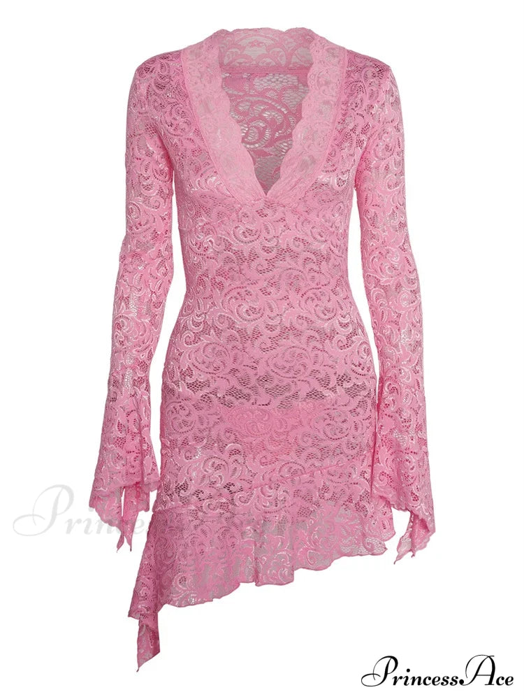 Lace Floral See Through Irregular Hem Long Flare Mini Dress image 5