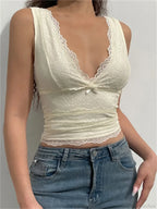 Lace Floral Slim V-neck Solid Tank Crop Top image 3
