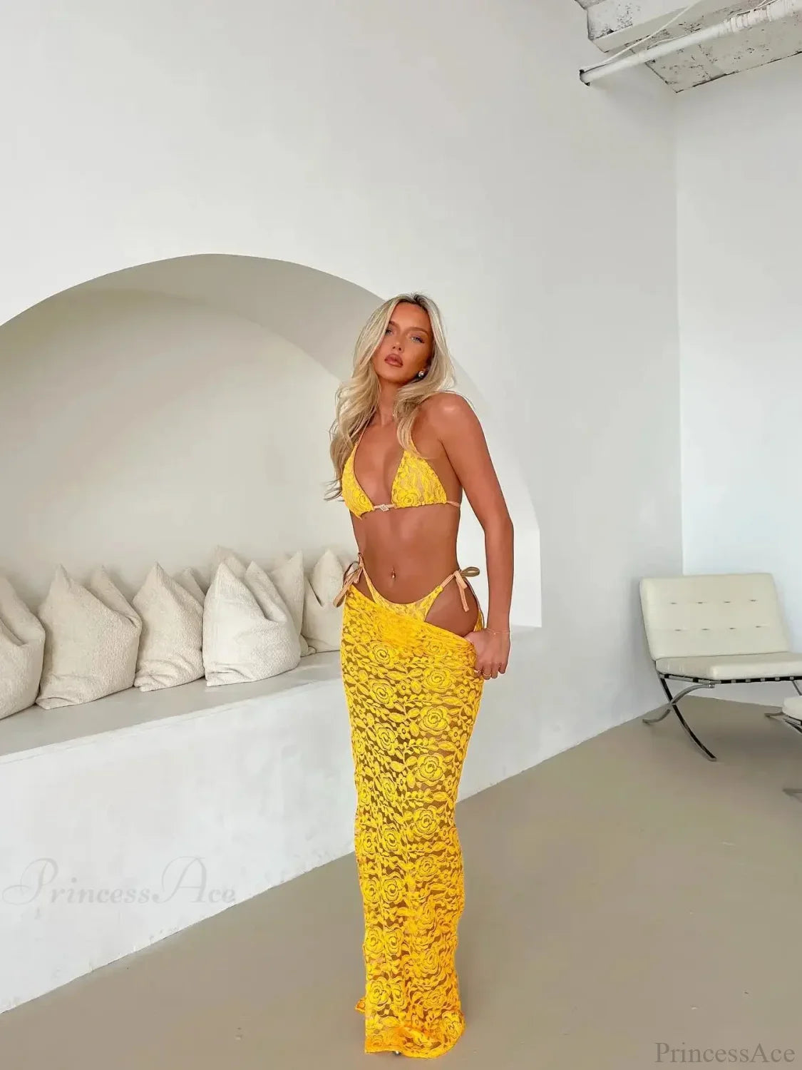 Lace Halter Skirt Three Piece Swimsuit image 2