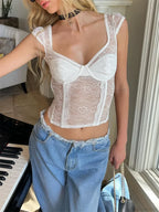 Lace Mesh Sheer Sleeveless V-neck Crop Top image 3