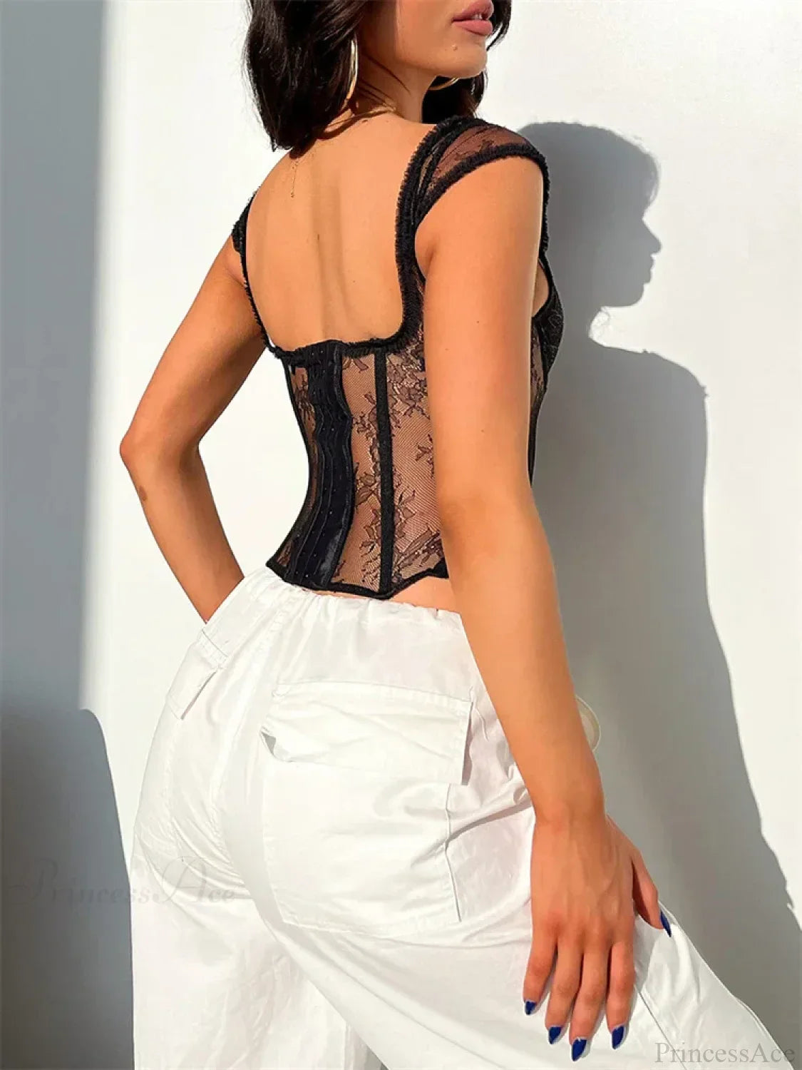 Lace Mesh Sheer Sleeveless V-neck Crop Top image 6