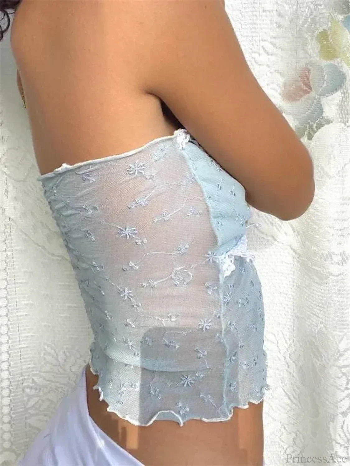 Lace Mesh Y2K Strapless See-through Tube Crop Top image 3