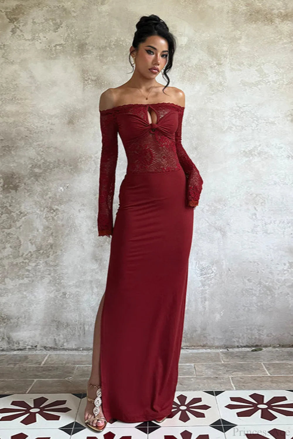Lace Off Shoulder Elegant Bodycon Maxi Dress image 1