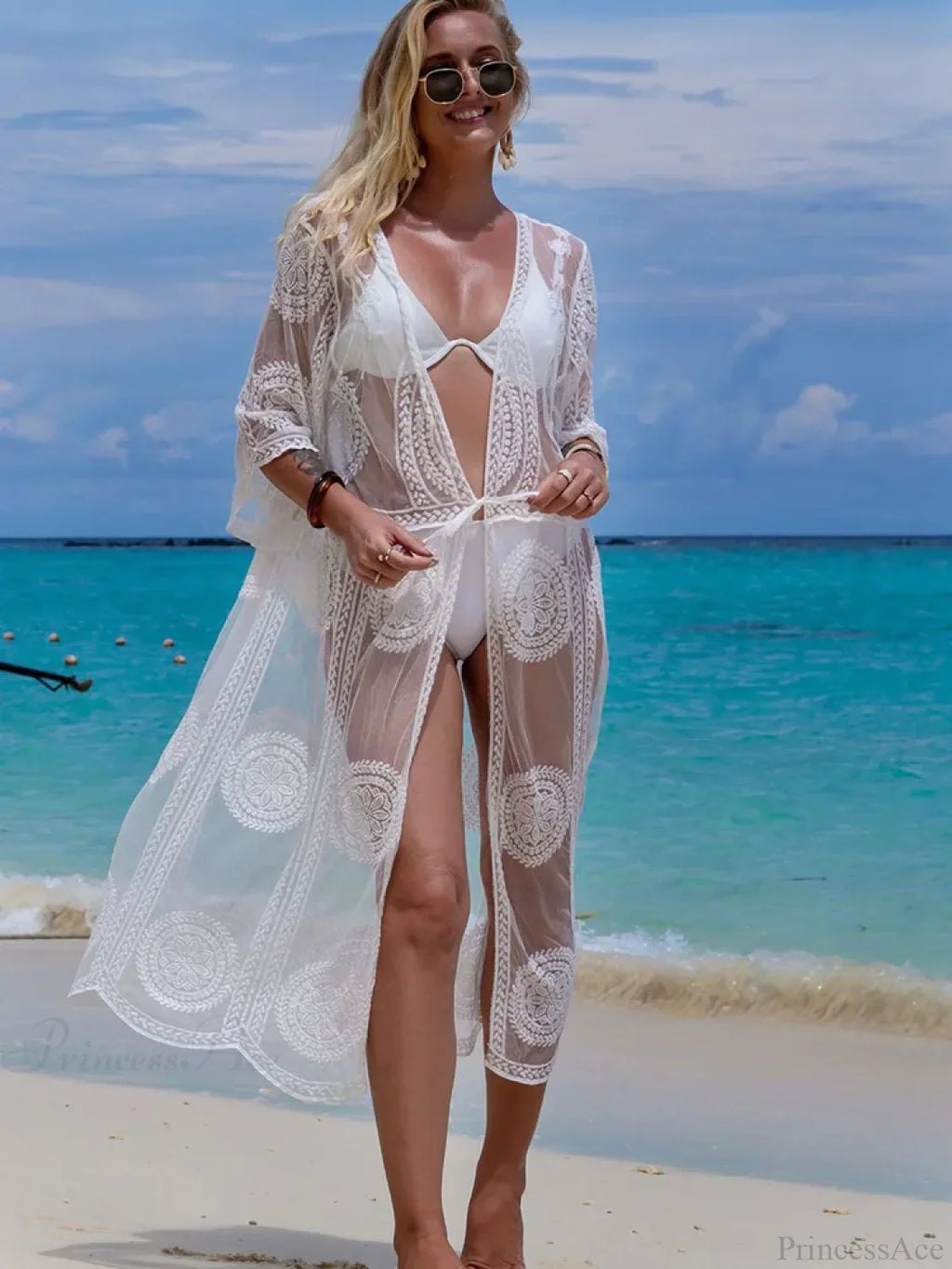 Lace Open Stitch Half Sleeve Bikini Cover Up image 1