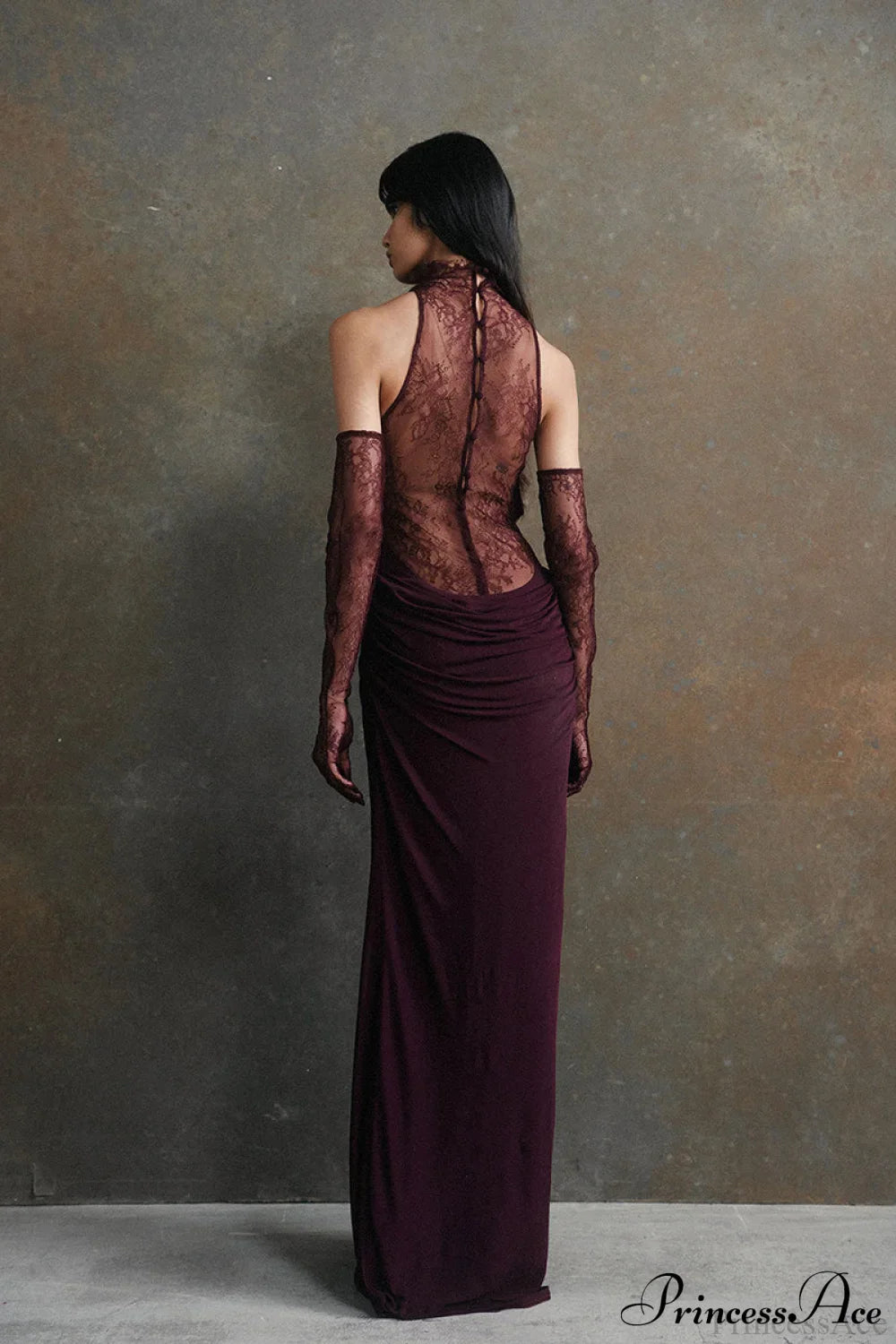Lace Panel Halterneck Deep V Ruched Party Dress image 2