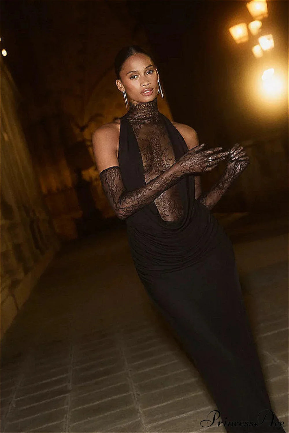 Lace Panel Halterneck Deep V Ruched Party Dress image 4