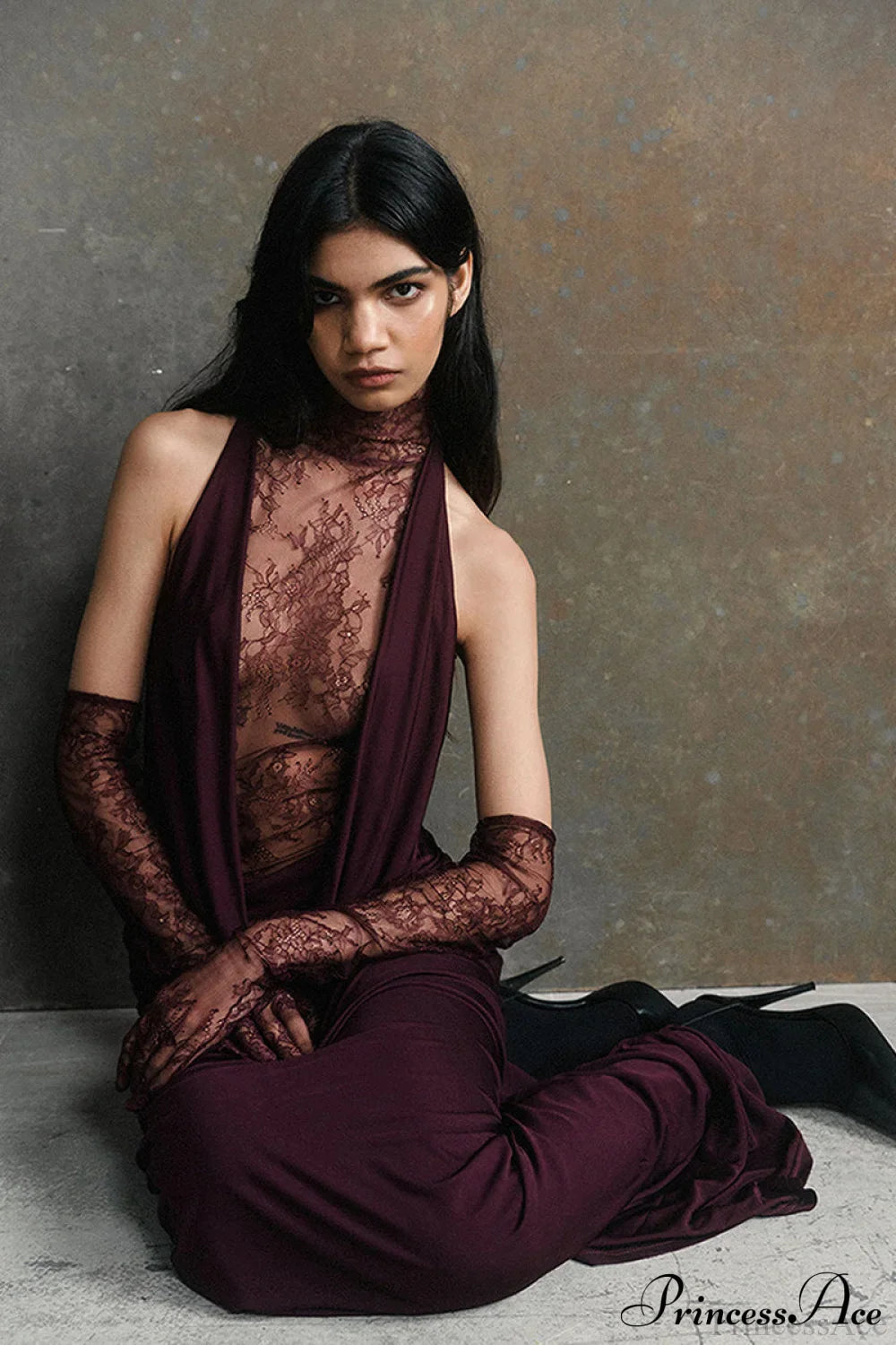 Lace Panel Halterneck Deep V Ruched Party Dress image 1