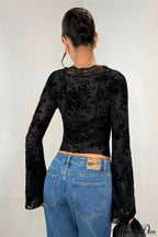 Lace Panel Leopard Slim Flared Sleeve Long Sleeve Tee image 6